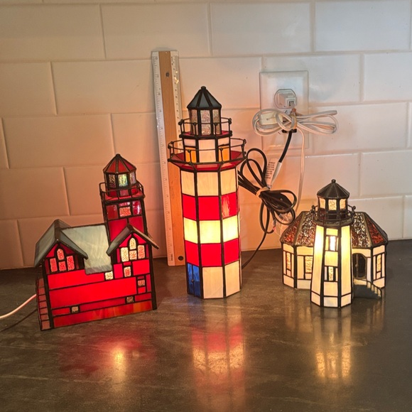 Stained Glass Lighthouse Lamp Set
